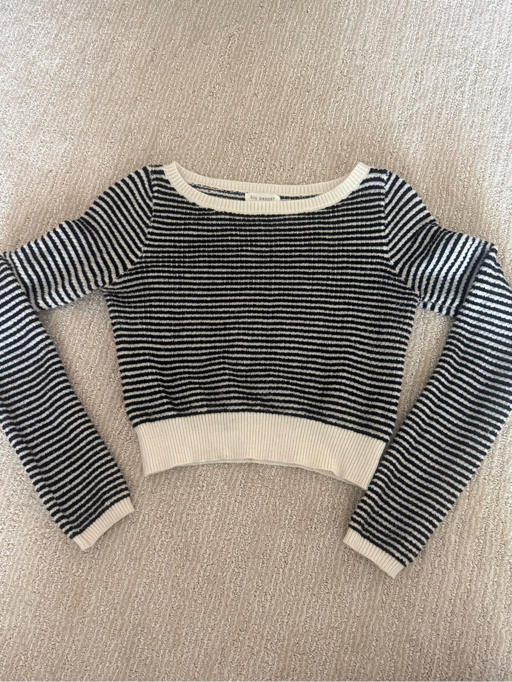 Blu Pepper Black and White Striped Scoop Neck Cropped Sweater